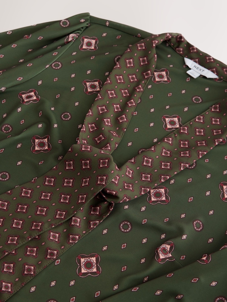 Green Print Long Sleeved Scarf V-Neck Blouse - Image 8 of 8