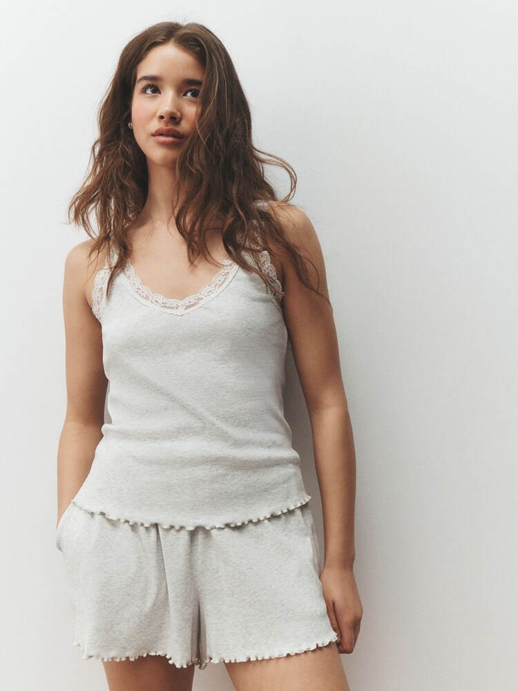 Grey Cotton Rib Lace Cami and Short Pyjamas - Image 1 of 7 Grey Cotton Rib Lace Cami and Short Pyjamas - Image 1 of 7