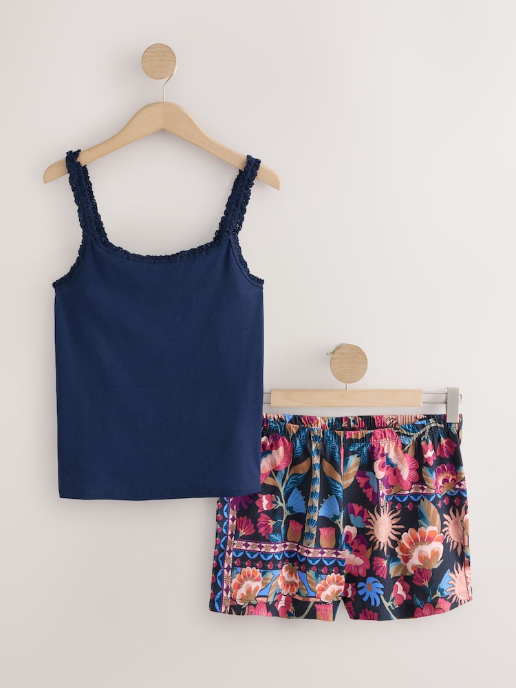 Navy Floral Rib Vest Short Pyjamas Set - Image 1 of 3 Navy Floral Rib Vest Short Pyjamas Set - Image 1 of 3