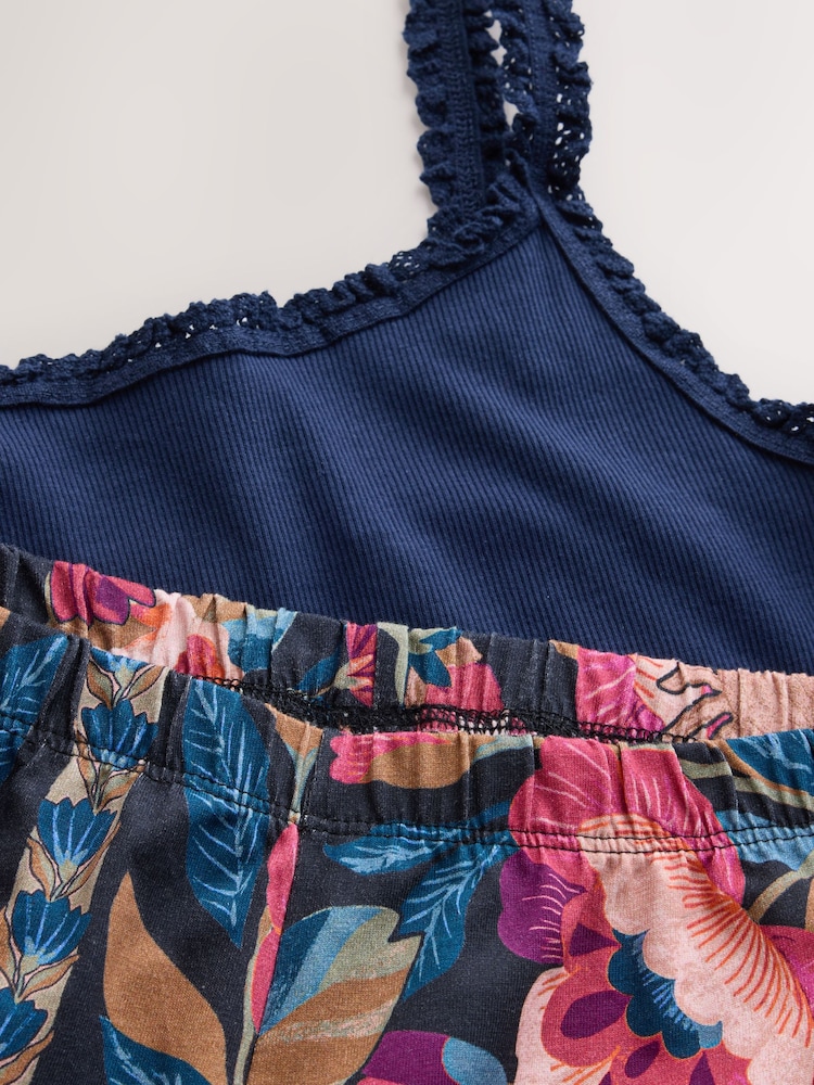 Navy Floral Rib Vest Short Pyjamas Set - Image 3 of 3 Navy Floral Rib Vest Short Pyjamas Set - Image 3 of 3
