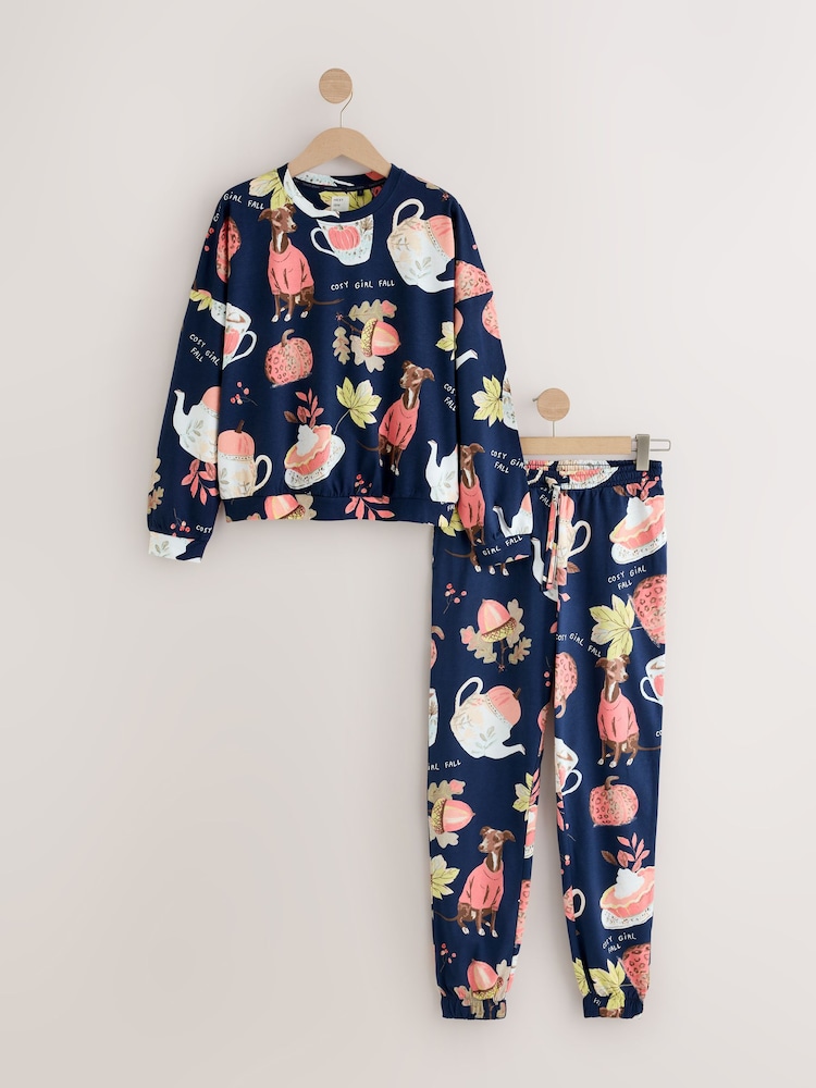 Navy Whippet Pumpkin Cotton Long Sleeve Pyjamas - Image 1 of 3 Navy Whippet Pumpkin Cotton Long Sleeve Pyjamas - Image 1 of 3