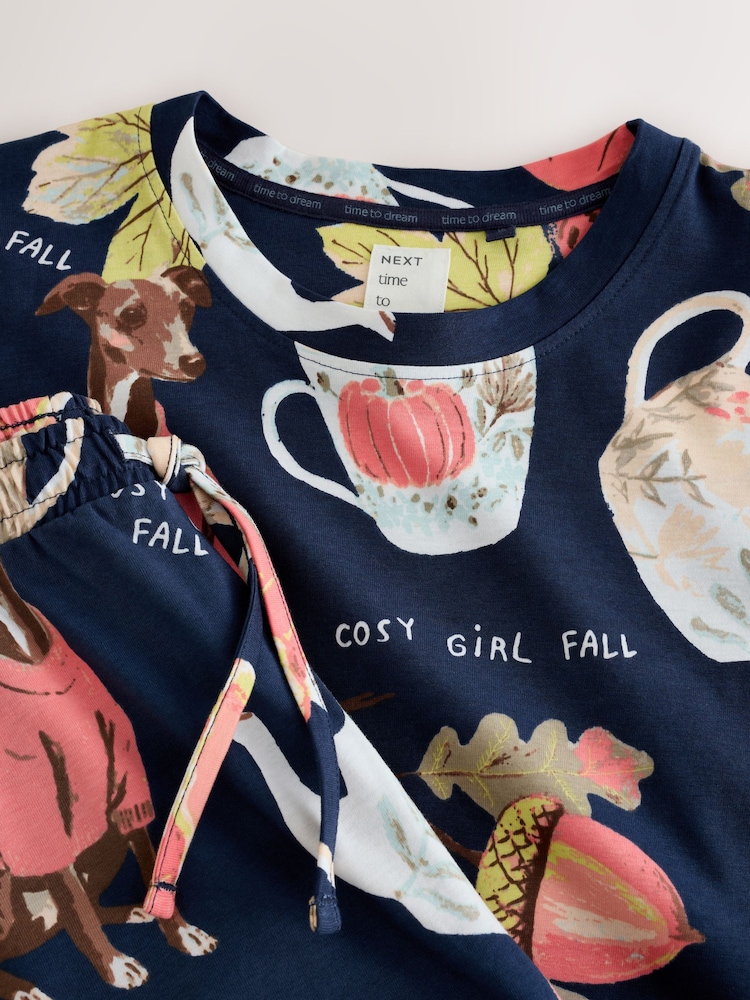 Navy Whippet Pumpkin Cotton Long Sleeve Pyjamas - Image 2 of 3 Navy Whippet Pumpkin Cotton Long Sleeve Pyjamas - Image 2 of 3