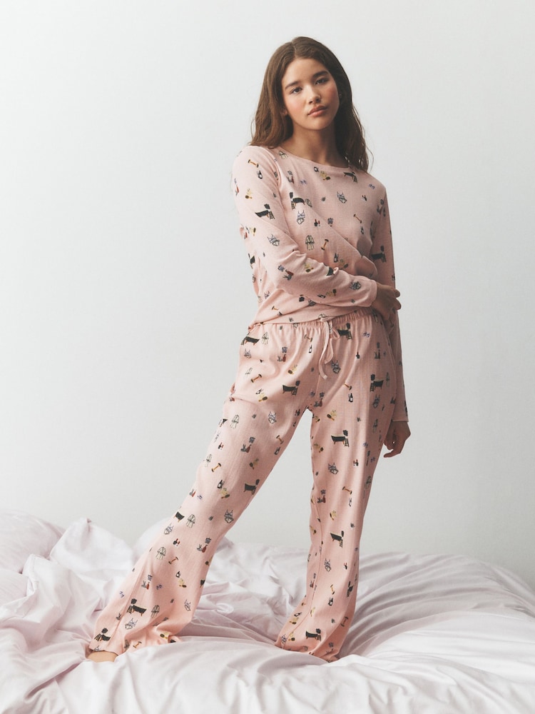 Pink Printed Pointelle Long Sleeve Pyjamas - Image 1 of 8 Pink Printed Pointelle Long Sleeve Pyjamas - Image 1 of 8