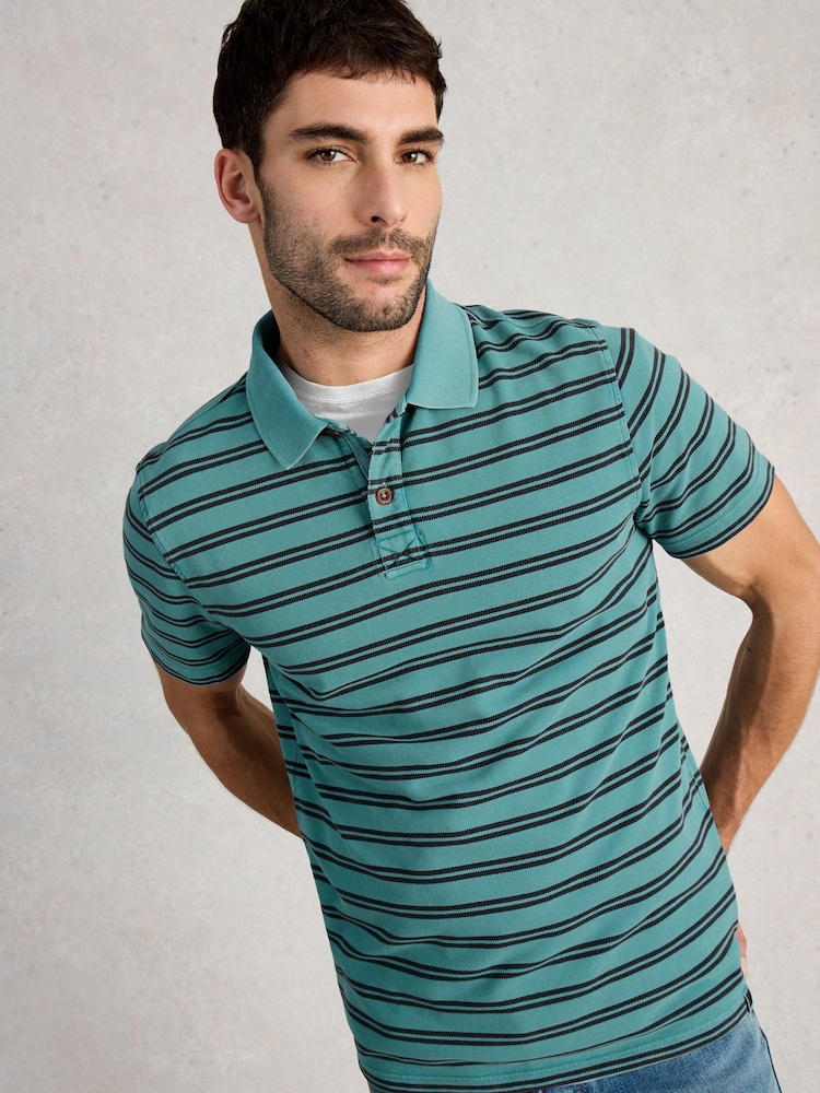 White Stuff Blue Short Sleeve Utility Stripe Polo Shirt - Image 1 of 6