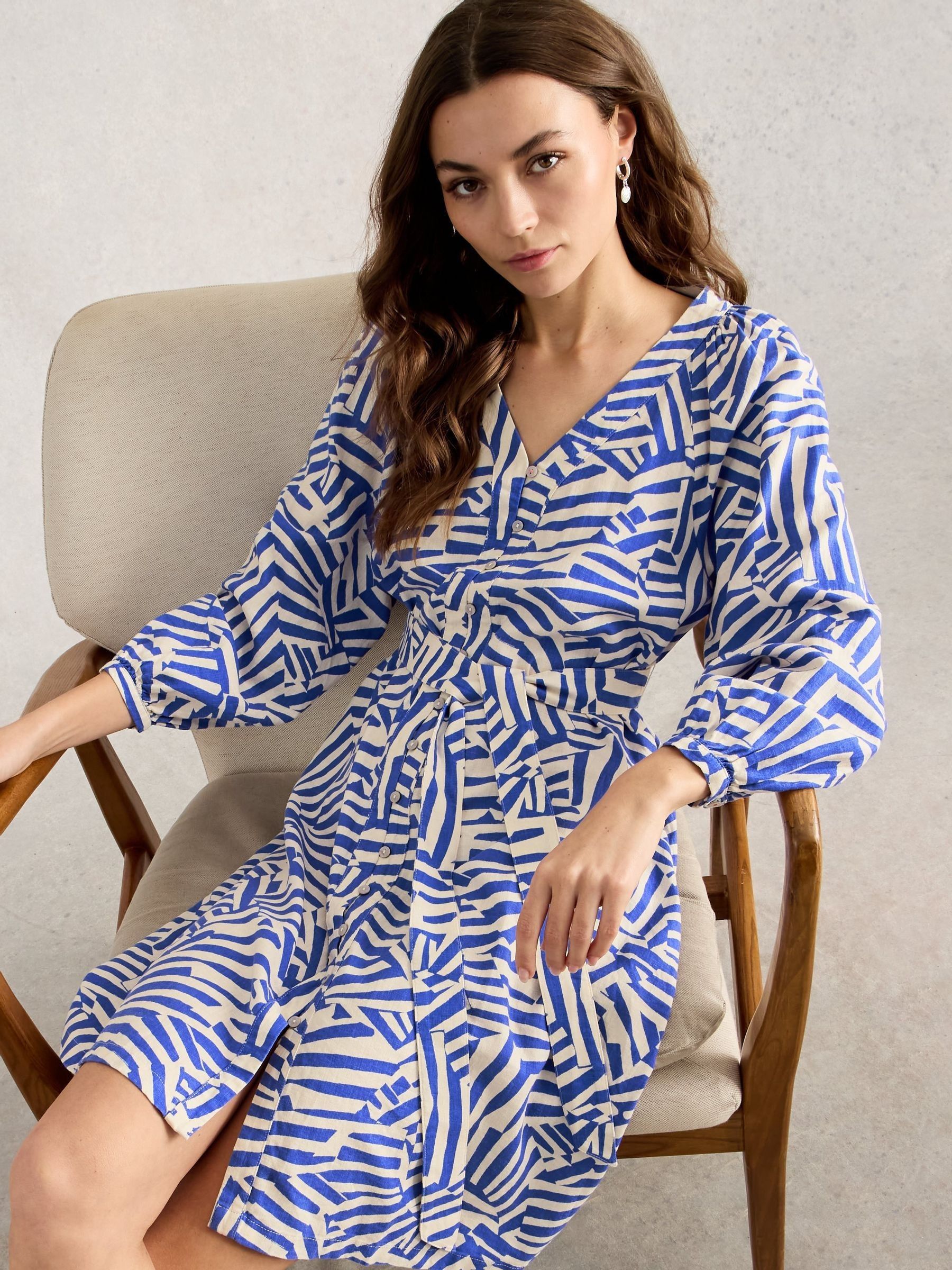 White Stuff Women's Blue Petra Linen Blend Dress
