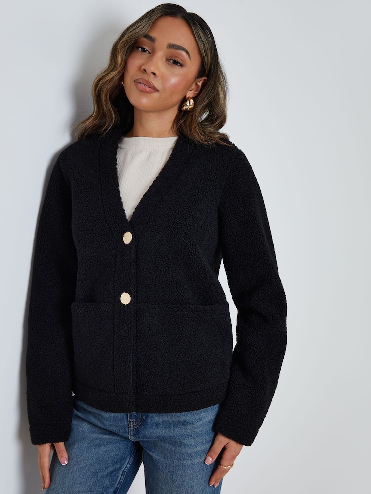 Threadbare Black Button Up Borg Jacket - Image 2 of 6 Threadbare Black Button Up Borg Jacket - Image 2 of 6