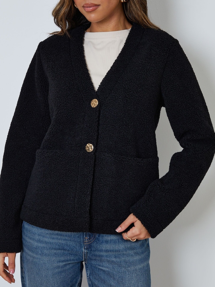 Threadbare Black Button Up Borg Jacket - Image 6 of 6 Threadbare Black Button Up Borg Jacket - Image 6 of 6