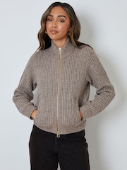 بني - Threadbare Zip Through Knitted Bomber Jacket - صورة 1 من 5