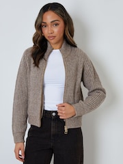بني - Threadbare Zip Through Knitted Bomber Jacket - صورة 2 من 5