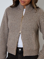 بني - Threadbare Zip Through Knitted Bomber Jacket - صورة 5 من 5