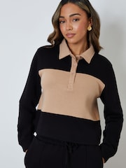 Threadbare Black Boxy Long Sleeve Polo Sweatshirt & Joggers Set - Image 3 of 4