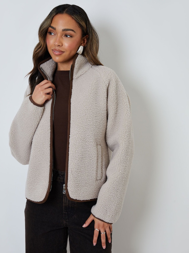 Threadbare Brown Zip Through Collared Borg Fleece - Image 1 of 5 Threadbare Brown Zip Through Collared Borg Fleece - Image 1 of 5