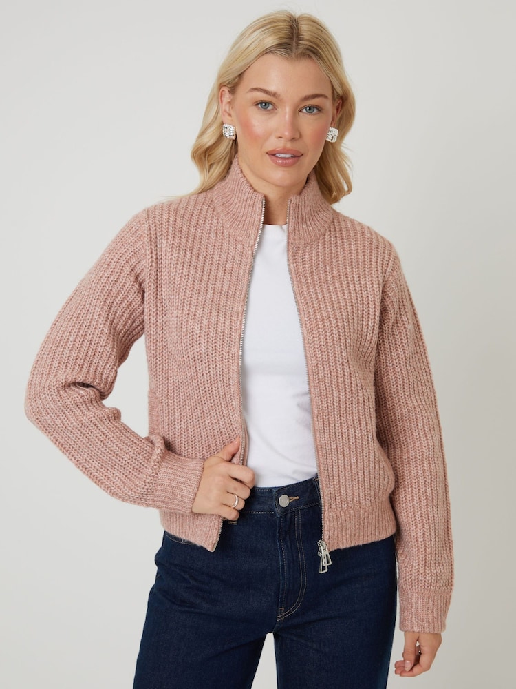 Threadbare Pink Zip Through Knitted Bomber Jacket - Image 1 of 5 Threadbare Pink Zip Through Knitted Bomber Jacket - Image 1 of 5