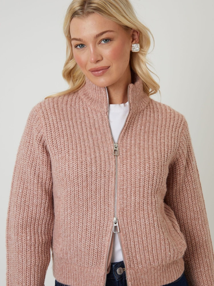 Threadbare Pink Zip Through Knitted Bomber Jacket - Image 2 of 5 Threadbare Pink Zip Through Knitted Bomber Jacket - Image 2 of 5