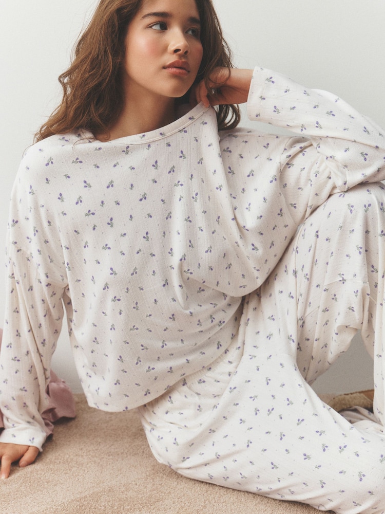 Cream Ditsy Floral Cosy Pointelle Long Sleeve Pyjamas - Image 1 of 6 Cream Ditsy Floral Cosy Pointelle Long Sleeve Pyjamas - Image 1 of 6
