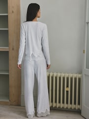 Light Grey Lace Detail Cosy Ribbed Long Sleeve Pyjamas - Image 3 of 10