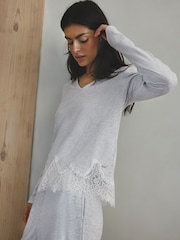 Light Grey Lace Detail Cosy Ribbed Long Sleeve Pyjamas - Image 5 of 10