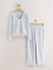 Light Grey Lace Detail Cosy Ribbed Long Sleeve Pyjamas - Image 8 of 10