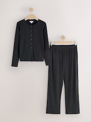 Melns - Ribbed Button Down Long Sleeve Pyjamas - Attēls 1 no 3