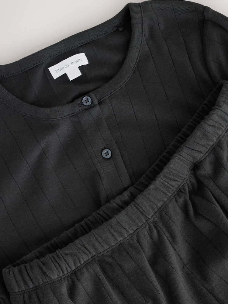 Melns - Ribbed Button Down Long Sleeve Pyjamas - Attēls 3 no 3 Melns - Ribbed Button Down Long Sleeve Pyjamas - Attēls 3 no 3