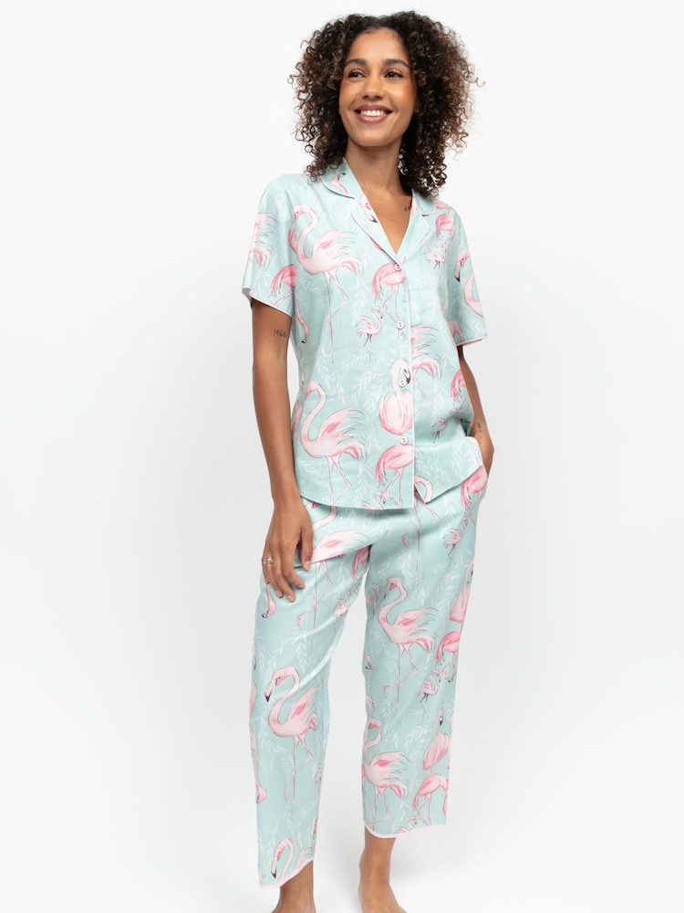 Cyberjammies Green Flamingo Print Short Sleeve Pyjamas Set - Image 1 of 4