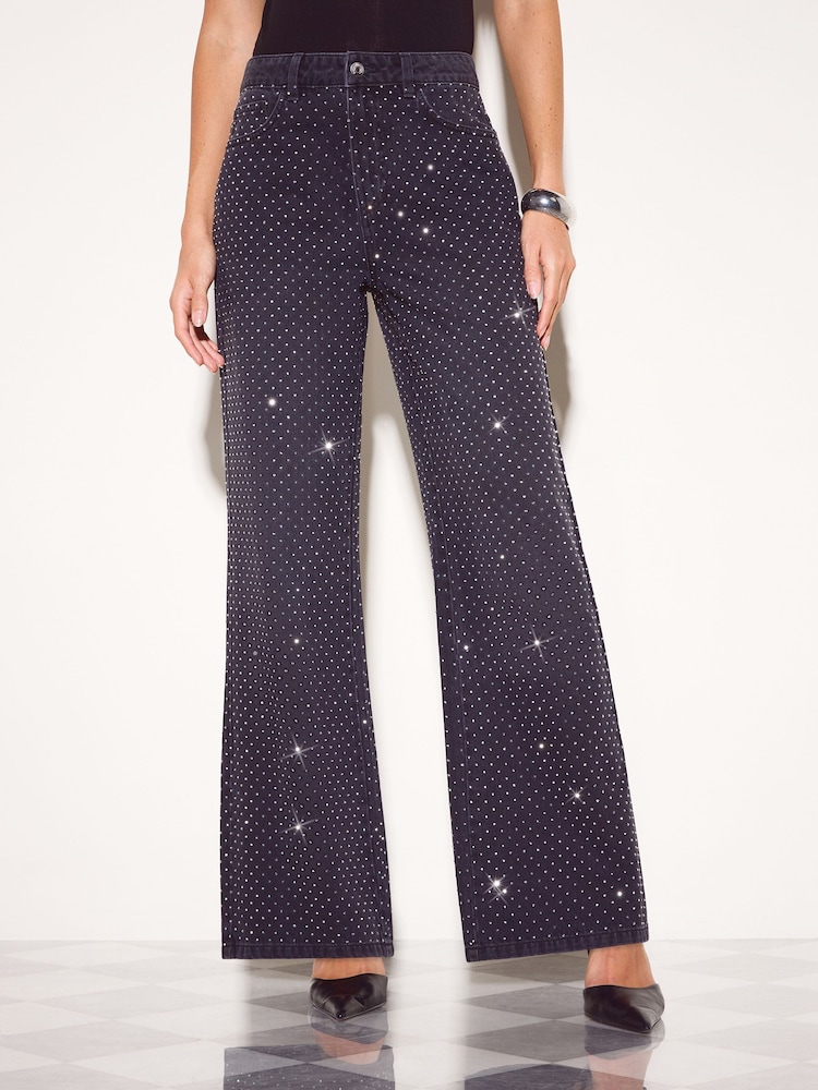 Friends Like These Black Petite Premium Embellished Everyday Wide Leg Denim Jeans - Image 2 of 6