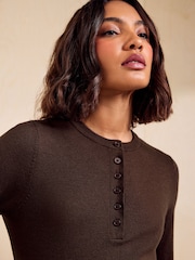Friends Like These Espresso Brown Crew Neck Knit Henley Top - Image 2 of 5