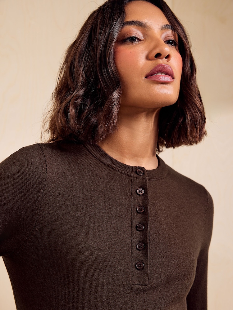 Friends Like These Espresso Brown Crew Neck Knit Henley Top - Image 2 of 5
