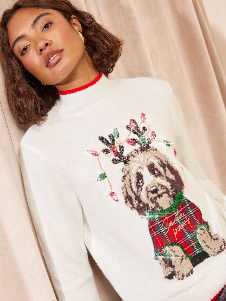 Friends Like These Ivory High Neck Christmas Dog Jumper - Image 1 of 5