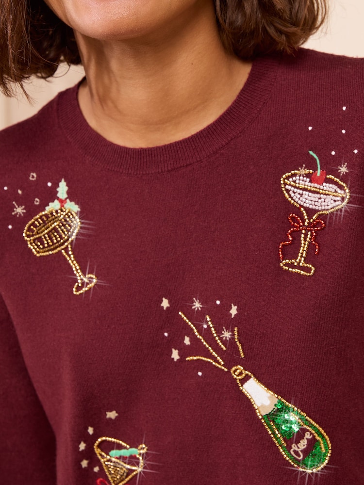 Friends Like These Burgundy Beaded Christmas Jumper - Image 2 of 5 Friends Like These Burgundy Beaded Christmas Jumper - Image 2 of 5