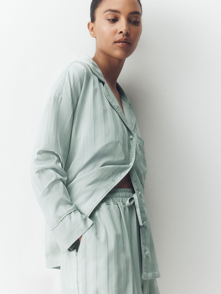 Sage Green Shadow Stripe Studio Button Through Pyjamas - Image 2 of 8 Sage Green Shadow Stripe Studio Button Through Pyjamas - Image 2 of 8