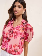 Friends Like These Pink Floral Short Sleeve Tie Detail Blouse - Image 1 of 5