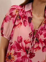 Friends Like These Pink Floral Short Sleeve Tie Detail Blouse - Image 2 of 5