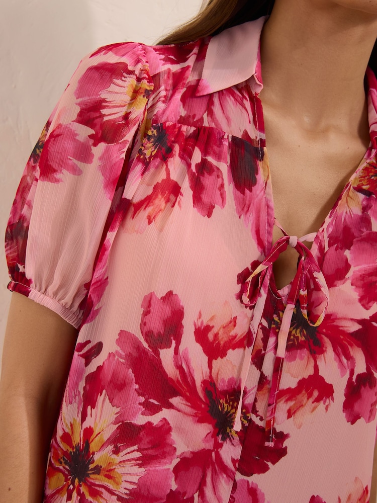 Friends Like These Pink Floral Short Sleeve Tie Detail Blouse - Image 2 of 5