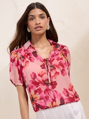 Friends Like These Pink Floral Short Sleeve Tie Detail Blouse - Image 4 of 5