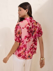 Friends Like These Pink Floral Short Sleeve Tie Detail Blouse - Image 5 of 5