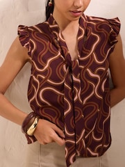 Friends Like These Red Swirl Print Sleeveless Tie Neck Blouse - Image 2 of 5