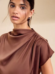 Friends Like These Chocolate Brown Satin Drape Neck Blouse - Image 2 of 6