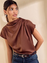Friends Like These Chocolate Brown Satin Drape Neck Blouse - Image 3 of 6