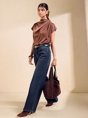 Friends Like These Chocolate Brown Satin Drape Neck Blouse - Image 4 of 6