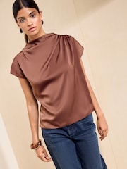 Friends Like These Chocolate Brown Satin Drape Neck Blouse - Image 5 of 6