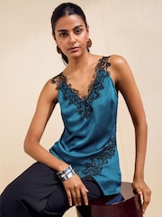 Friends Like These Teal Blue V-Neck Satin Lace Trim Vest - Image 1 of 6