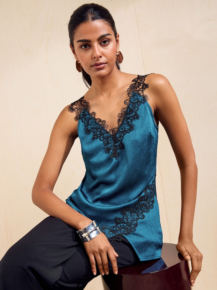 Friends Like These Teal Blue V-Neck Satin Lace Trim Vest - Image 1 of 6