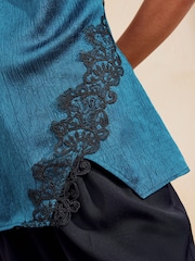 Friends Like These Teal Blue V-Neck Satin Lace Trim Vest - Image 2 of 6