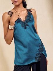 Friends Like These Teal Blue V-Neck Satin Lace Trim Vest - Image 4 of 6