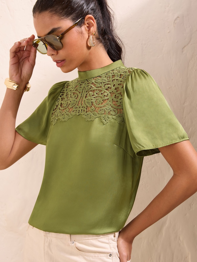 Friends Like These Burgundy Red Short Sleeve Lace Yoke Detail Blouse - Image 1 of 4