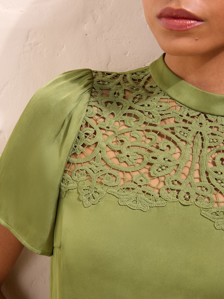 Friends Like These Burgundy Red Short Sleeve Lace Yoke Detail Blouse - Image 2 of 4