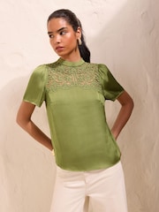 Friends Like These Burgundy Red Short Sleeve Lace Yoke Detail Blouse - Image 3 of 4