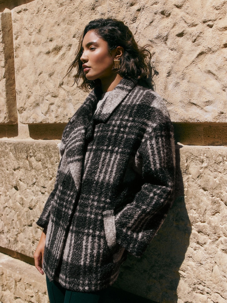 Friends Like These Grey Check Double Breasted Peacoat - Image 1 of 5 Friends Like These Grey Check Double Breasted Peacoat - Image 1 of 5