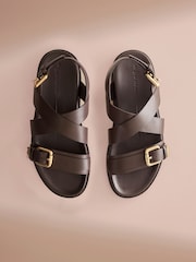 Marron chocolat - Chaussures en cuir à bout rond et semelle intérieure à lanières - Image 1 de 6